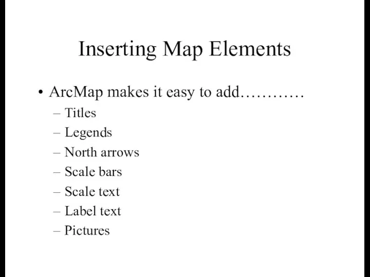 Inserting Map Elements ArcMap makes it easy to add………… Titles