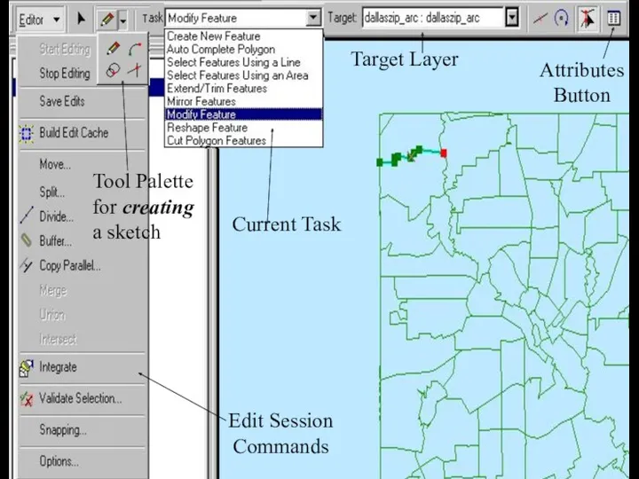 Edit Session Commands Tool Palette for creating a sketch Current Task Target Layer Attributes Button