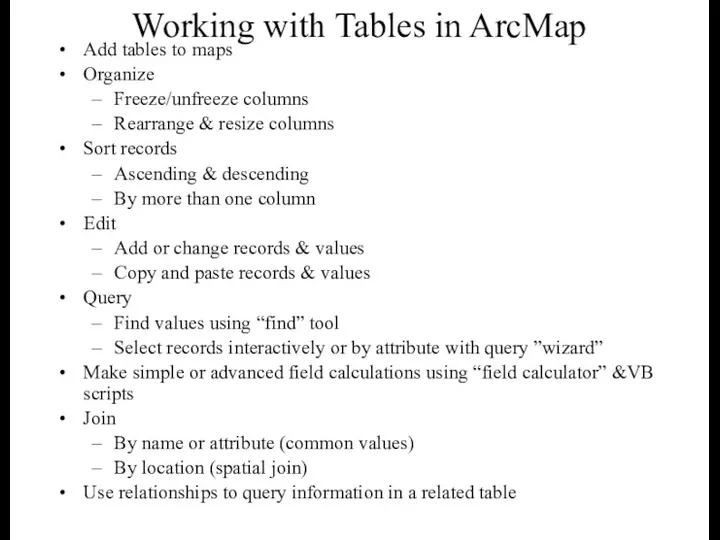 Working with Tables in ArcMap Add tables to maps Organize