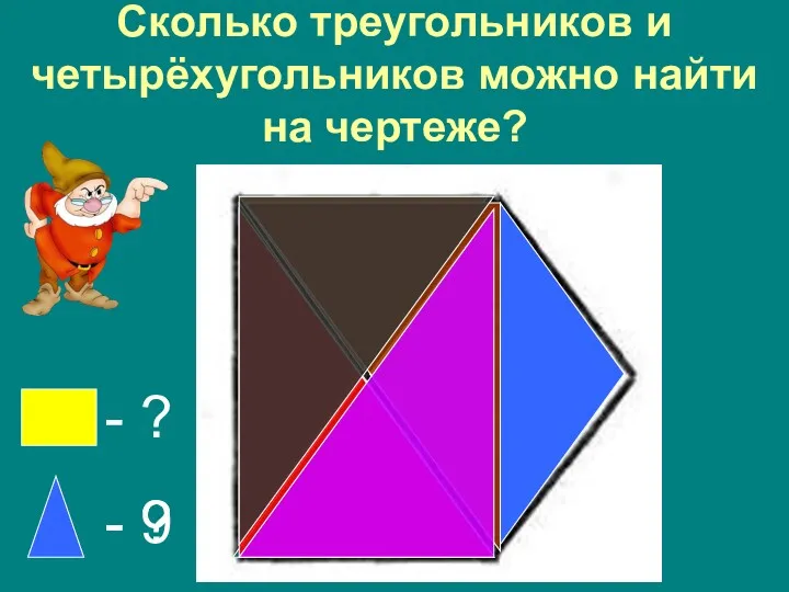 Сколько треугольников и четырёхугольников можно найти на чертеже? - ? - 9 - ?