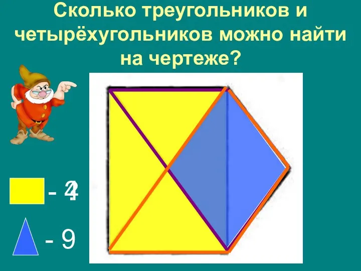 Сколько треугольников и четырёхугольников можно найти на чертеже? - 9 - ? - 4