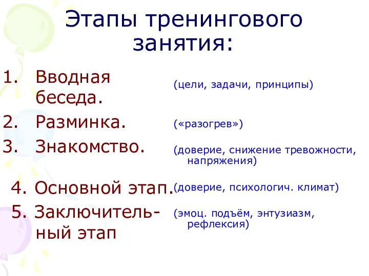 Этапы тренингового занятия: Вводная беседа. Разминка. Знакомство. 4. Основной этап.