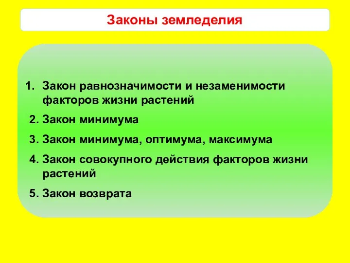 Закон равнозначимости и незаменимости факторов жизни растений 2. Закон минимума