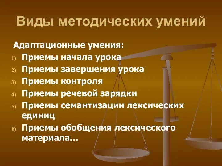 Виды методических умений Адаптационные умения: Приемы начала урока Приемы завершения