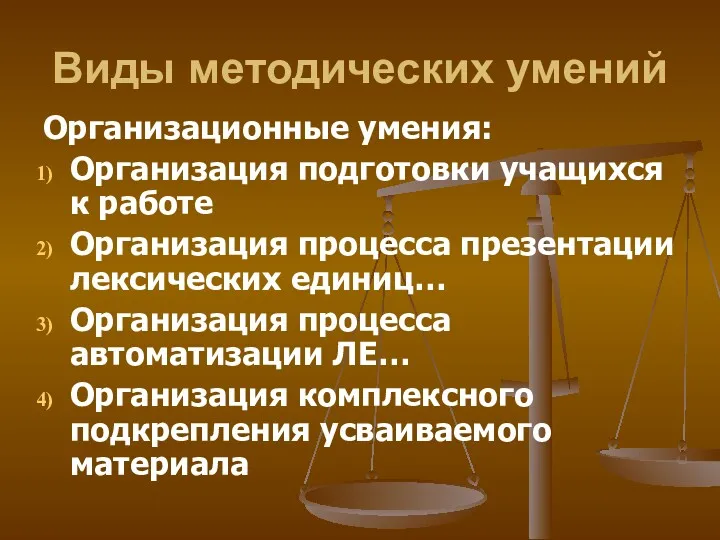 Виды методических умений Организационные умения: Организация подготовки учащихся к работе