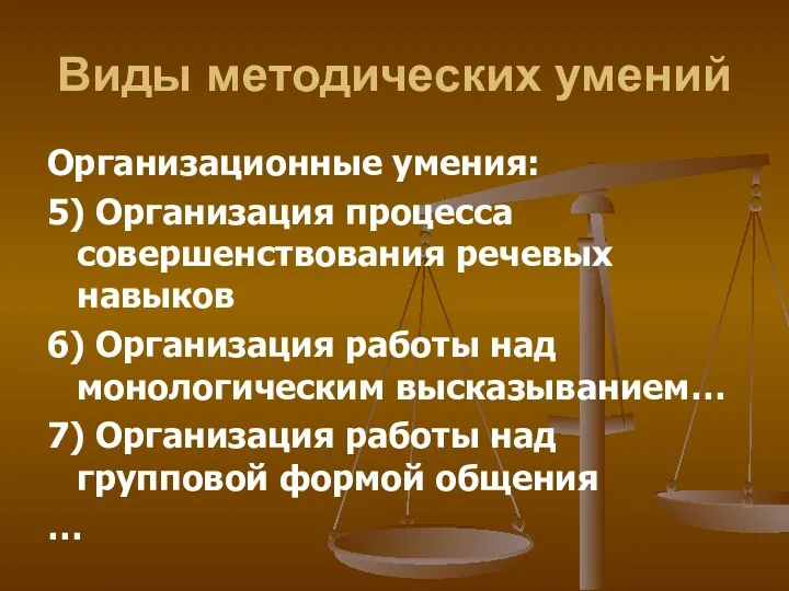 Виды методических умений Организационные умения: 5) Организация процесса совершенствования речевых