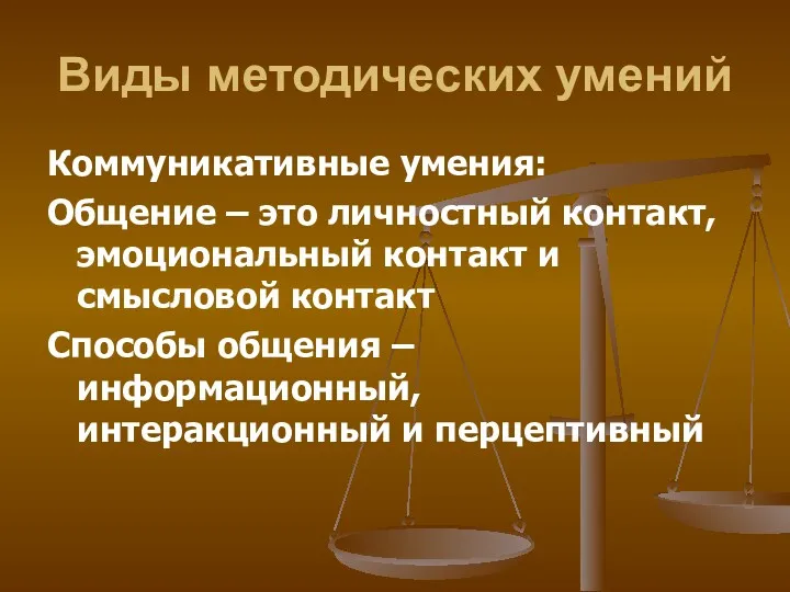 Виды методических умений Коммуникативные умения: Общение – это личностный контакт,