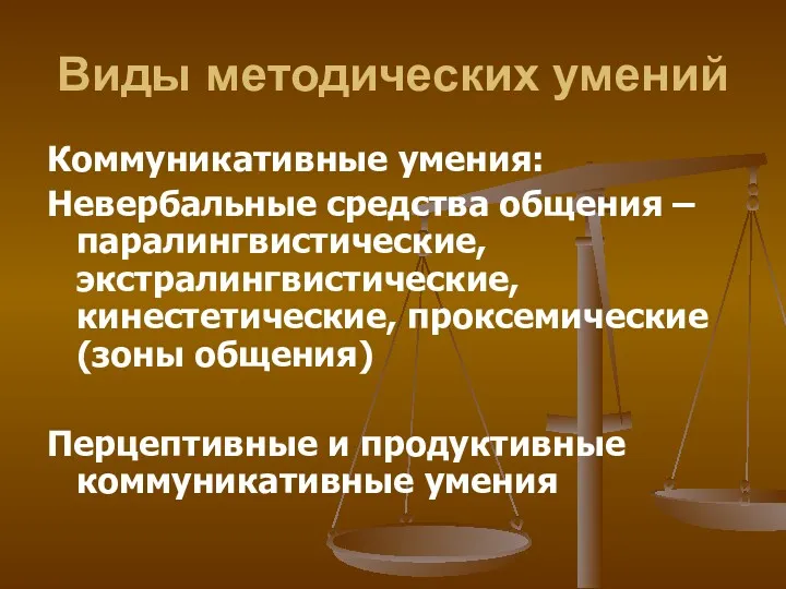 Виды методических умений Коммуникативные умения: Невербальные средства общения – паралингвистические,