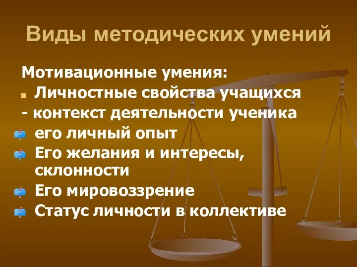 Виды методических умений Мотивационные умения: Личностные свойства учащихся - контекст