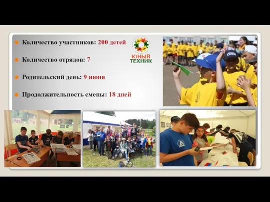 Количество участников: 200 детей Количество отрядов: 7 Родительский день: 9 июня Продолжительность смены: 18 дней