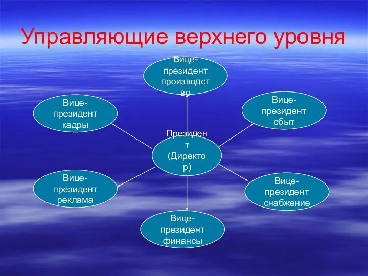 Управляющие верхнего уровня Президент (Директор) Вице-президент кадры Вице-президент производство Вице-президент