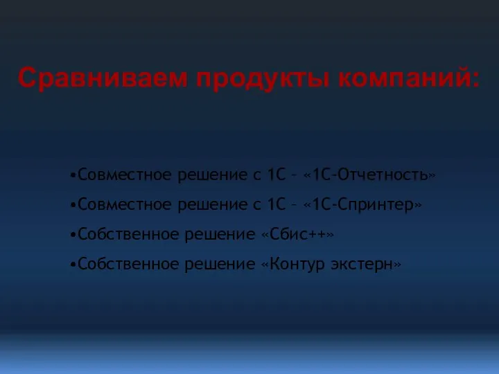 Совместное решение с 1С – «1С-Отчетность» Совместное решение с 1С – «1С-Спринтер» Собственное