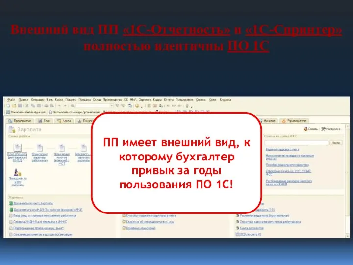 Внешний вид ПП «1С-Отчетность» и «1С-Спринтер» полностью идентичны ПО 1С ПП имеет внешний