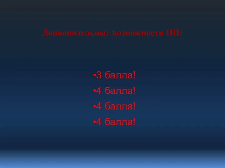 3 балла! 4 балла! 4 балла! 4 балла! Дополнительные возможности ПП: