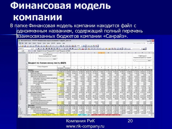 Компания РиК www.rik-company.ru Финансовая модель компании В папке Финансовая модель