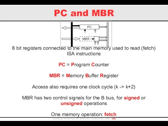 PC and MBR () 8 bit registers connected to the main memory used
