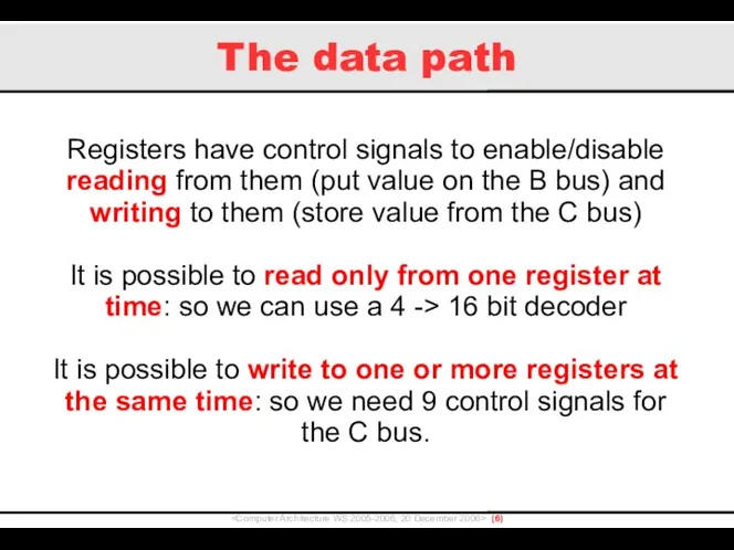 The data path () Registers have control signals to enable/disable reading from them