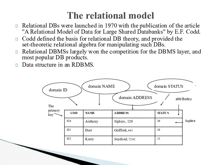 Relational DBs were launched in 1970 with the publication of