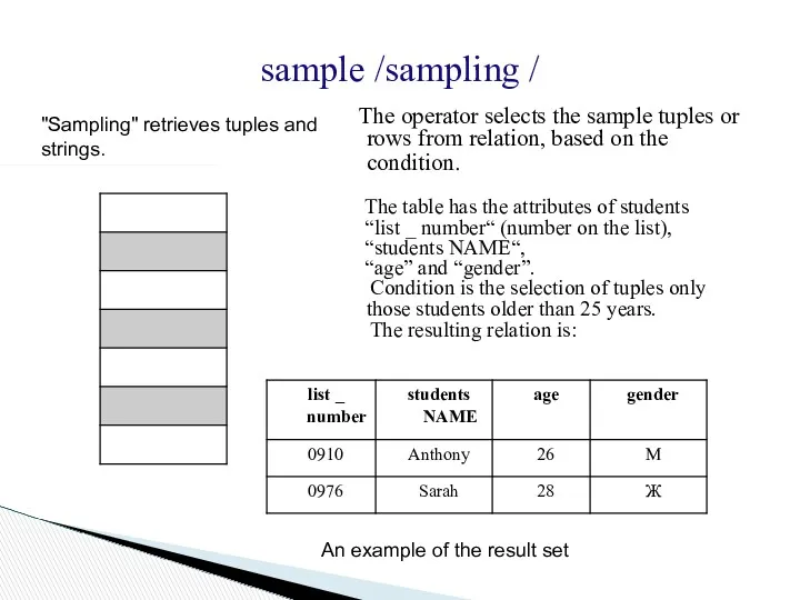 sample /sampling / The operator selects the sample tuples or