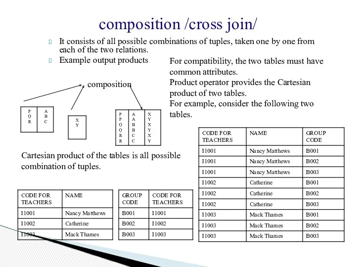 composition /cross join/ It consists of all possible combinations of