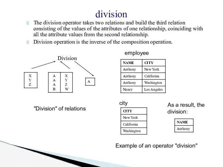 division The division operator takes two relations and build the