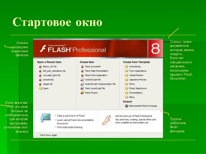 Стартовое окно Список последних созданных файлов Группы шаблонов flash-фильмов Список типов документов, которые