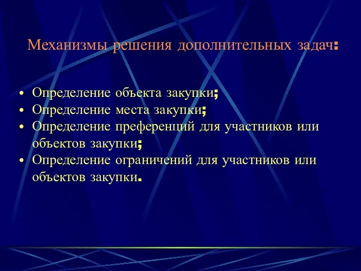 Механизмы решения дополнительных задач: Определение объекта закупки; Определение места закупки;