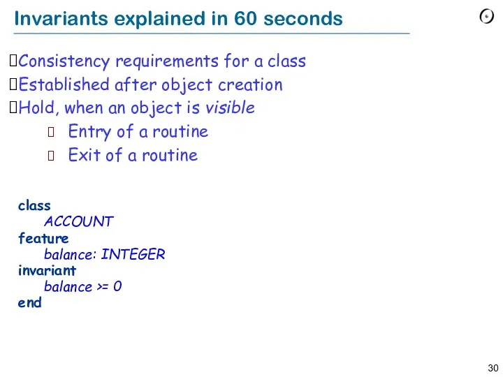 Invariants explained in 60 seconds Consistency requirements for a class