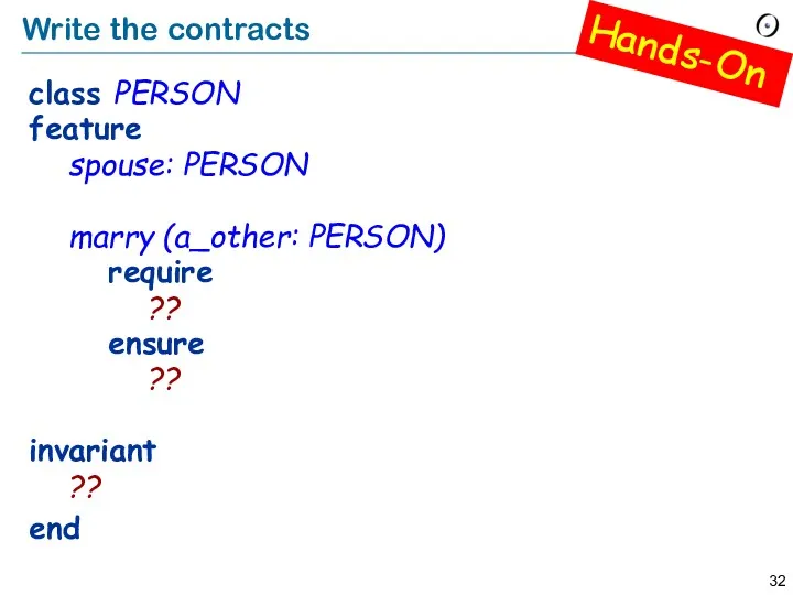 Write the contracts class PERSON feature spouse: PERSON marry (a_other: