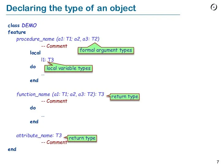 Declaring the type of an object class DEMO feature procedure_name