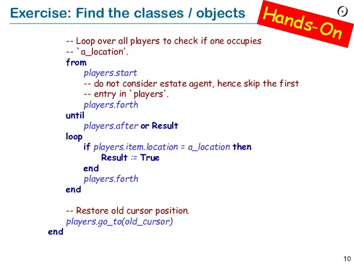 Exercise: Find the classes / objects -- Loop over all players to check