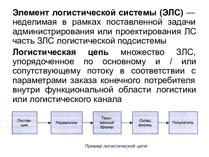 Элемент логистической системы (ЭЛС) — неделимая в рамках поставленной задачи