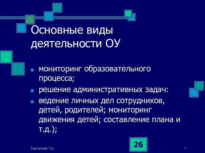 Основные виды деятельности ОУ мониторинг образовательного процесса; решение административных задач: ведение личных дел