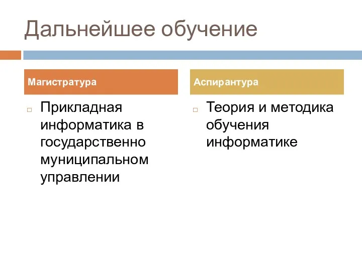 Дальнейшее обучение Прикладная информатика в государственно муниципальном управлении Теория и методика обучения информатике Магистратура Аспирантура