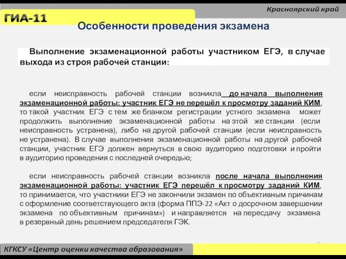 Особенности проведения экзамена Выполнение экзаменационной работы участником ЕГЭ, в случае