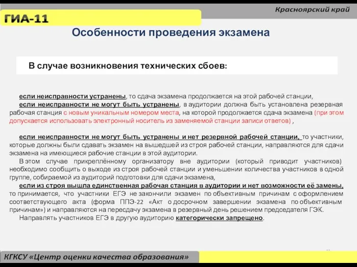 Особенности проведения экзамена В случае возникновения технических сбоев: если неисправности