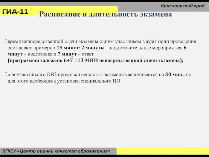 Расписание и длительность экзамена: время непосредственной сдачи экзамена одним участником