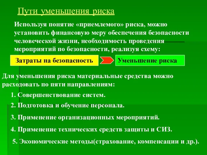 Пути уменьшения риска Используя понятие «приемлемого» риска, можно установить финансовую