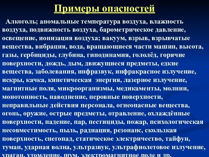 Примеры опасностей Алкоголь; аномальные температура воздуха, влажность воздуха, подвижность воздуха,