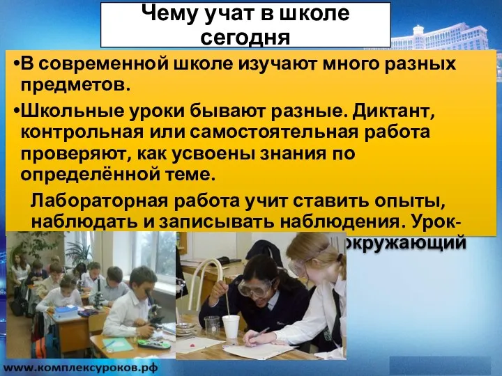 Чему учат в школе сегодня В современной школе изучают много разных предметов. Школьные