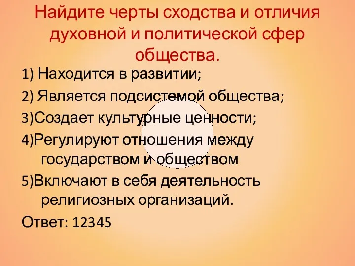 Найдите черты сходства и отличия духовной и политической сфер общества.