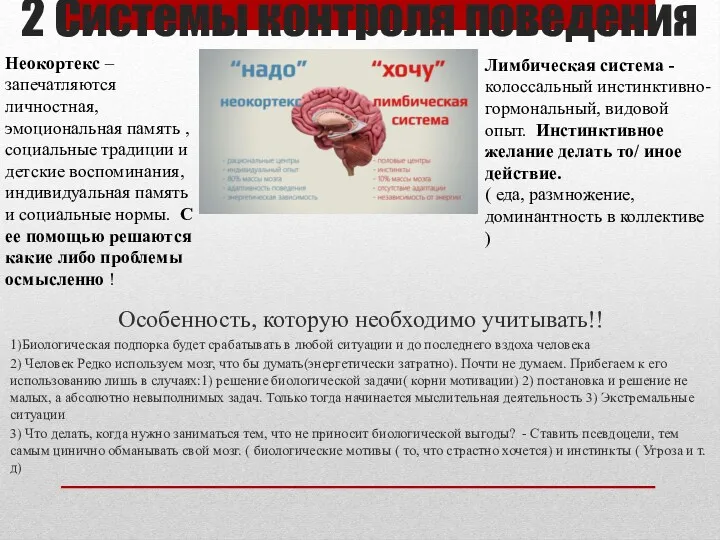 2 Системы контроля поведения Особенность, которую необходимо учитывать!! 1)Биологическая подпорка