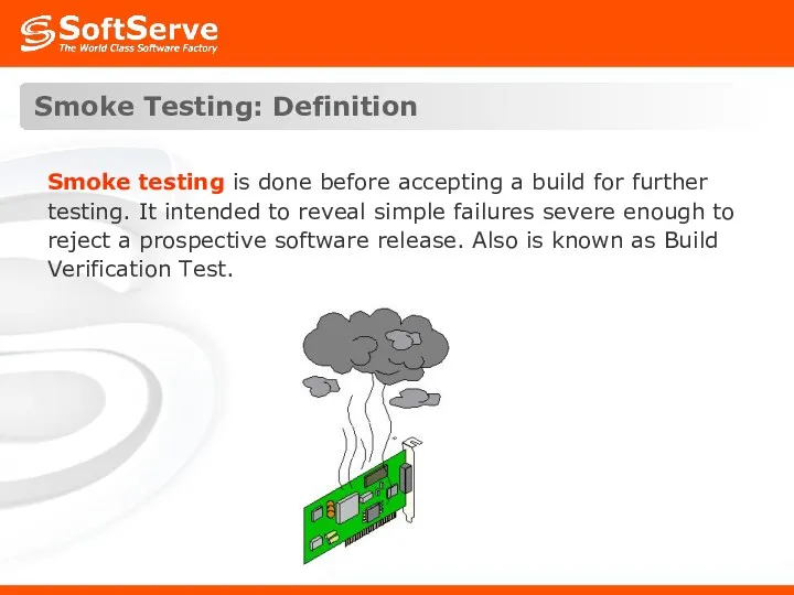 Smoke Testing: Definition Smoke testing is done before accepting a
