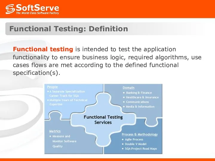 Functional Testing: Definition Functional testing is intended to test the