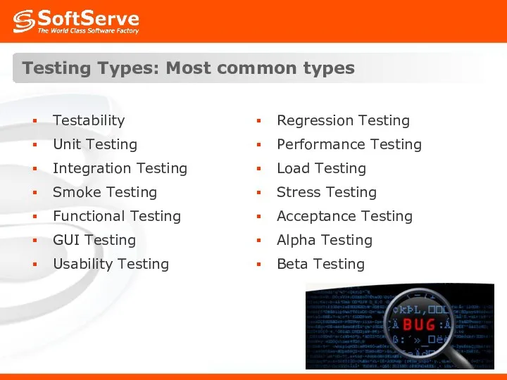Testing Types: Most common types Testability Unit Testing Integration Testing