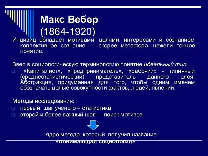 Макс Вебер (1864-1920) Индивид обладает мотивами, целями, интересами и сознанием