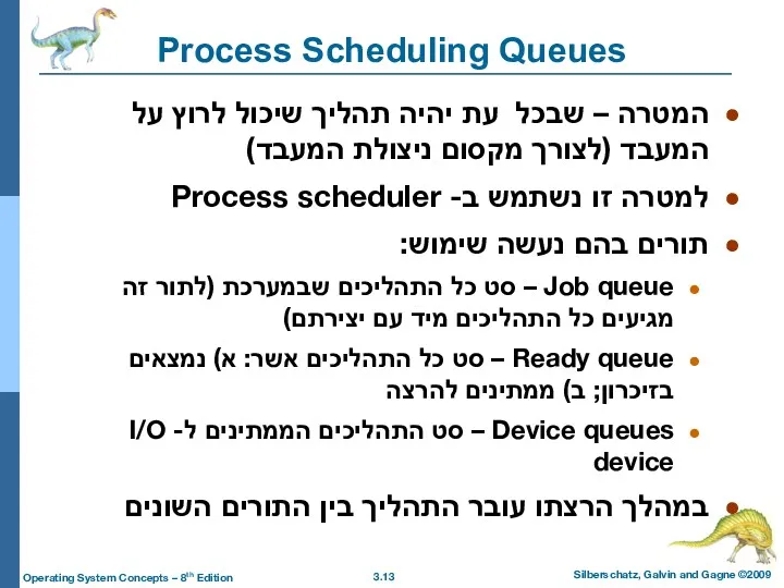 Process Scheduling Queues המטרה – שבכל עת יהיה תהליך שיכול