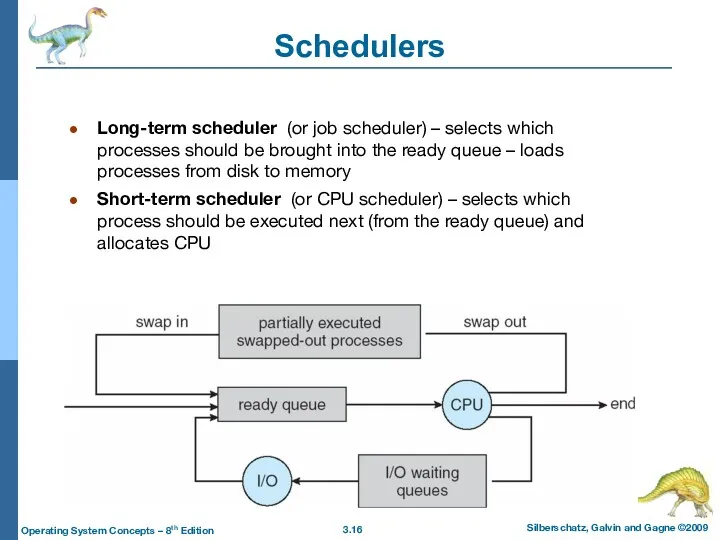 Schedulers Long-term scheduler (or job scheduler) – selects which processes