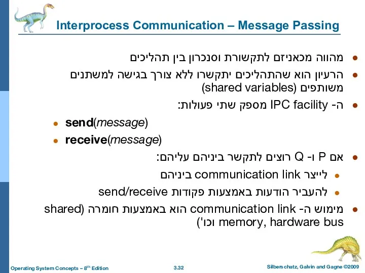 Interprocess Communication – Message Passing מהווה מכאניזם לתקשורת וסנכרון בין