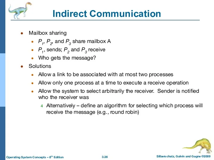 Indirect Communication Mailbox sharing P1, P2, and P3 share mailbox